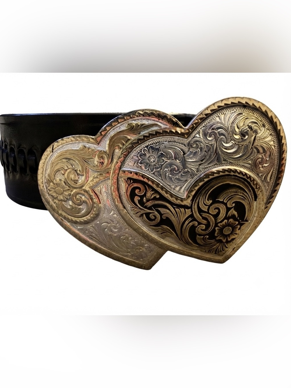MONTANA SILVERSMITH Vintage Western Double Heart Belt Buckle Black Leather Belt